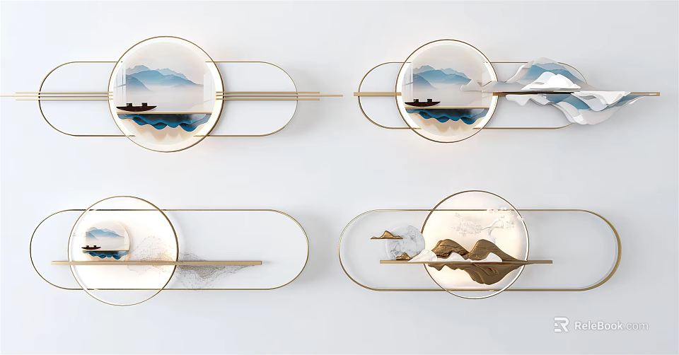 Modern Chinese Style Wall Decor With Mountain Boat Design Acrylic Panels And Metal Frame 3d model 