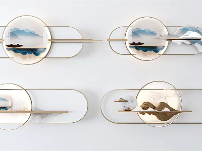 Modern Chinese Style Wall Decor With Mountain Boat Design Acrylic Panels And Metal Frame 3d model