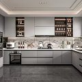 Modern Open Concept Kitchen Interior With Gray Cabinets Marble Counter And Appliances 3d model