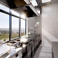 Commercial Kitchen Interior With Stainless Steel Worktables Range Hoods And Appliances