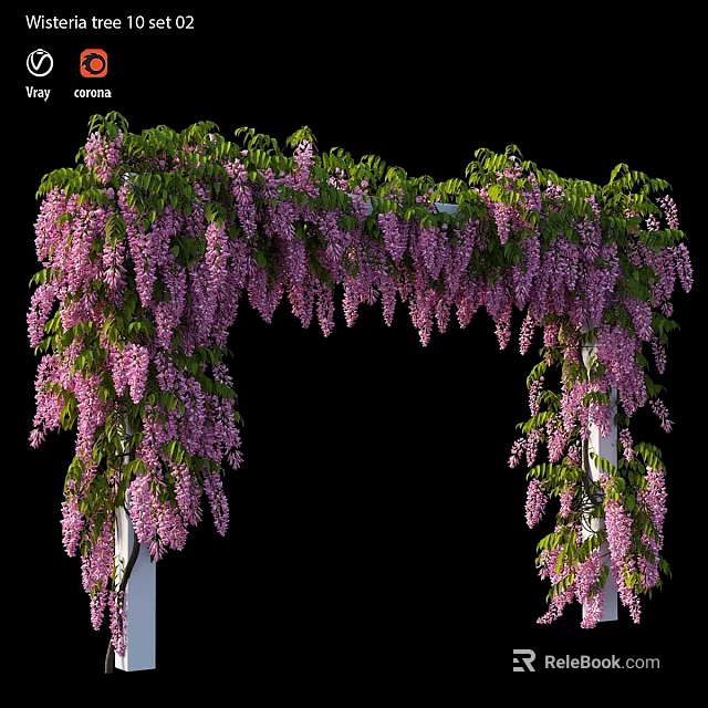 Ornamental Decor Set with Wisteria Arch Purple Flowers Green Vines and White Pillars 3d model 