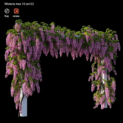 Ornamental Decor Set with Wisteria Arch Purple Flowers Green Vines and White Pillars 3d model
