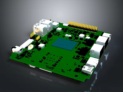 Electronic Circuit Board With Green Substrate Central Chip Connectors And Pins 3d model