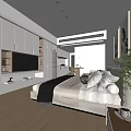 Modern Apartment Interior With Cozy Bed TV On White Cabinets Wooden Floor And Green Plants