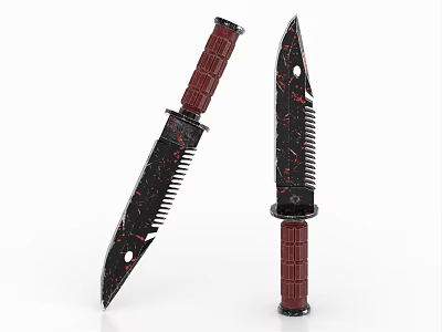 Tactical Weapon Knives With Red Handles And Black Serrated Blades 3d model