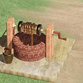 Traditional Brick Well With Wooden Support Rope Drum Red Handle And Bucket