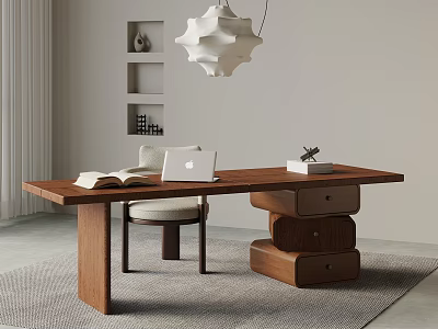 Contemporary Study Room With Wooden Desk Open Book Laptop Chair Drawer Cabinets And Pendant Light 3d model