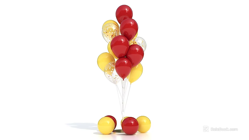 Bright Red Yellow and Golden Balloons Bunch With Base for Party Decoration 3d model 