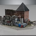 Red Brick Building With Pointed Roof Surrounded By Stacked Wooden Crates Barrels And Debris