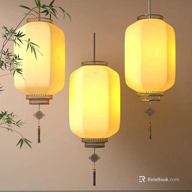 Traditional Chinese Hanging Lanterns With Yellow Glow White Lampshade Metal Decoration Tassels And Bamboo Leaves 3d model 