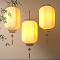 Traditional Chinese Hanging Lanterns With Yellow Glow White Lampshade Metal Decoration Tassels And Bamboo Leaves