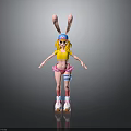 Children's Playful Rabbit Ear Doll Wearing Blue Hat Yellow Top Pink Shorts And Roller Skates
