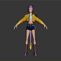 3D Character With Pink Hair Headphones Yellow Jacket Shorts And Purple Socks Shoes