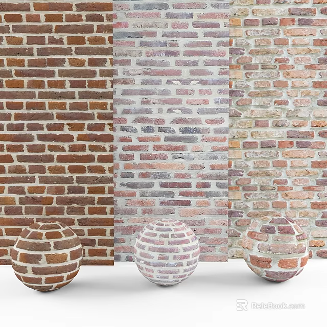 Spherical Brick Components Displayed With Various Colored Brick Wall Designs 3d model