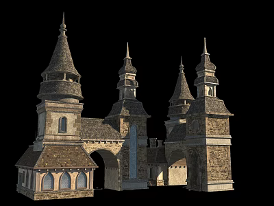 Ancient Historic Architecture Featuring Spired Towers Stone Arches And Tiled Roofs 3d model