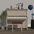 White Kingsbury Piano With Red Cushion Stool Potted Plant And Decorative Statues On Wooden Floor