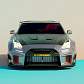 Sleek Silver Sports Car With Black Hood Stripes Large Rear Spoiler And Yellow Headlights