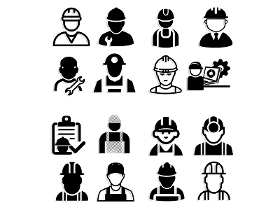 Various Occupational Worker Icons With Hard Hats Tools Clipboards And Silhouettes 3d model