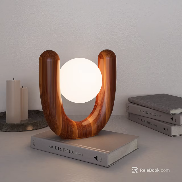 Wooden U Shaped Table Lamp With White Round Light On Books For Home Decor 3d model 