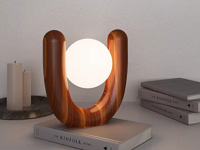 Wooden U Shaped Table Lamp With White Round Light On Books For Home Decor 3d model