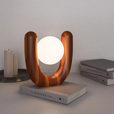 Wooden U Shaped Table Lamp With White Round Light On Books For Home Decor 3d model