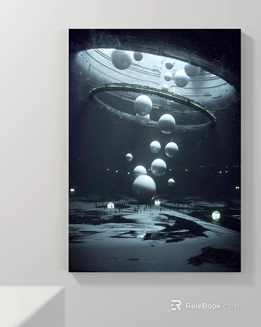 Abstract Painting with Floating Spheres Circular Ring Water Reflections and Dark Background 3d model 
