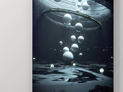 Abstract Painting with Floating Spheres Circular Ring Water Reflections and Dark Background 3d model
