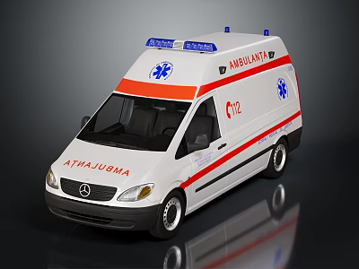 White Mercedes Ambulance With Red Stripes Blue Emergency Lights And Medical Emblem 3d model