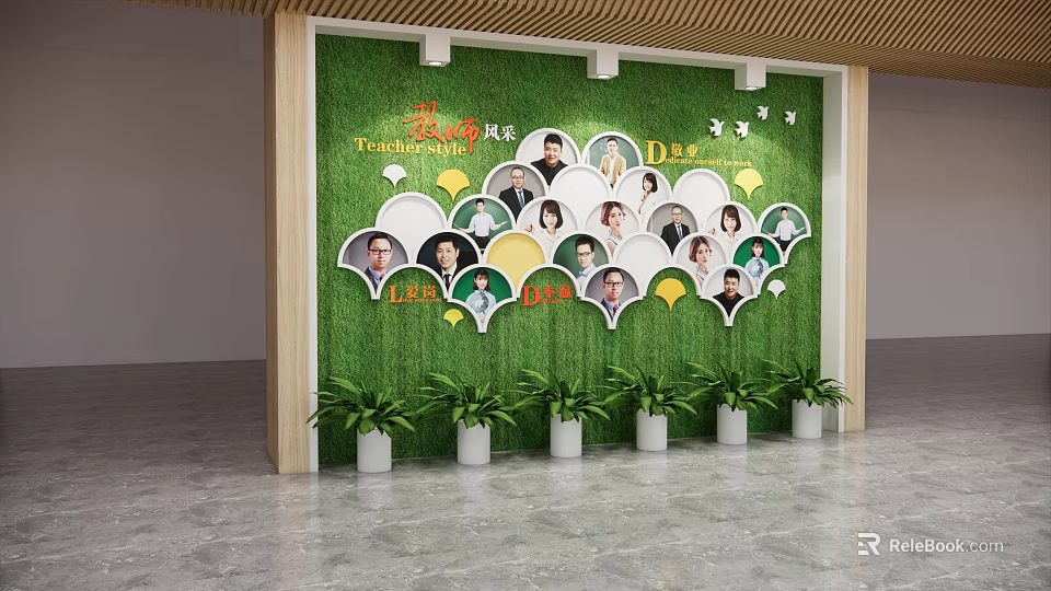 Green Photo Wall With Circular People Portraits Time Day Labels And Potted Plants 3d model 