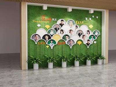 Green Photo Wall With Circular People Portraits Time Day Labels And Potted Plants 3d model