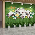 Green Photo Wall With Circular People Portraits Time Day Labels And Potted Plants