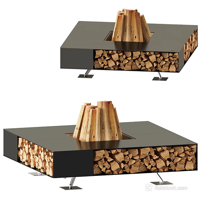 Modern Fireplace Design With Black Surface Solid Wooden Logs And Stacked Firewood Storage 3d model