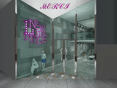 Stylish Clothing Store With Neon Sign Glass Facade And Mannequins At Entrance 3d model
