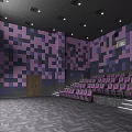 Contemporary Cinema Interior With Purple Black Square Walls Staircase Seating Purple Seats And Ceiling Lights