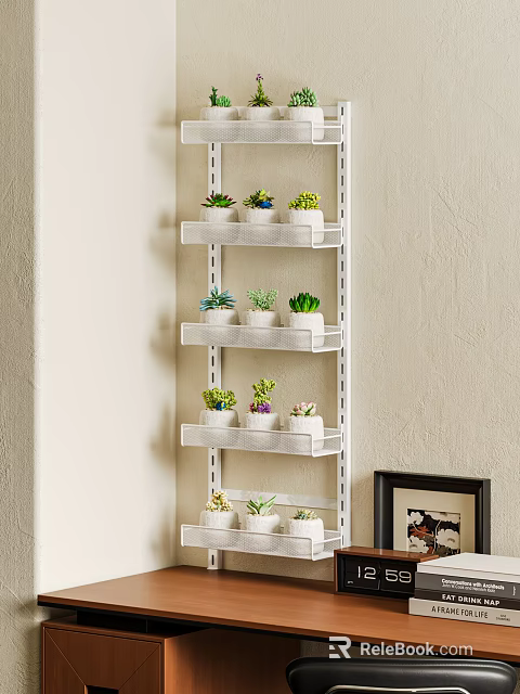 Indoor Succulent Plants Arranged On White Multi Tiered Shelf With Various Pots 3d model 