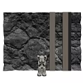 Textured Stone Background Wall Design With Modern Metal Strips And Decorative Sculpture