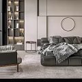 Modern Bedroom Black Leather Double Bed with Gray Bedding Round Metal Mirror and Scenic View