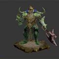 Fantasy Warrior Character Design with Horned Helmet Ornate Armor and Giant Axe on Stone Base