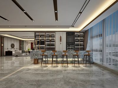 Modern Hotel Lobby Interior With Bar Counter High Stools Wine Racks And Large Windows 3d model