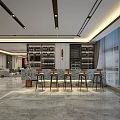Modern Hotel Lobby Interior With Bar Counter High Stools Wine Racks And Large Windows