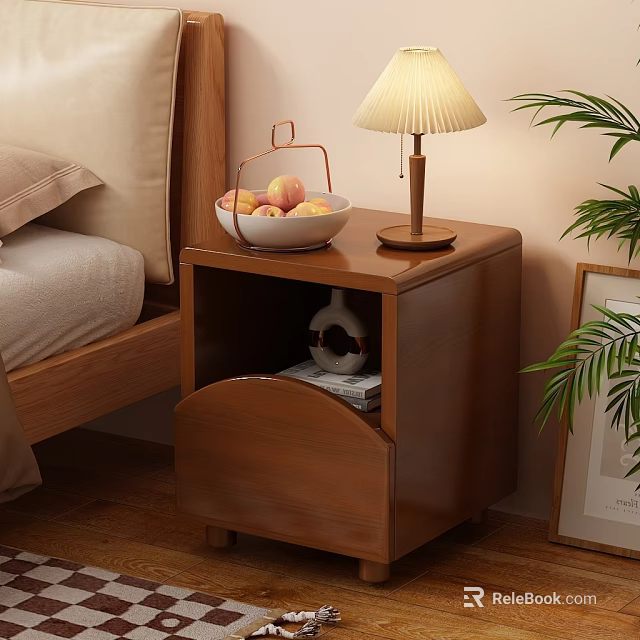 Wooden Bedroom Nightstand With Table Lamp Fruit Basket Vase Magazine Plant And Picture Frame 3d model 