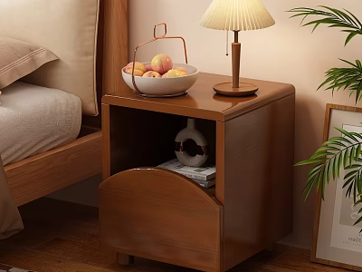 Wooden Bedroom Nightstand With Table Lamp Fruit Basket Vase Magazine Plant And Picture Frame 3d model