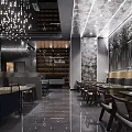 Elegant Modern Restaurant Interior With Pendant Lights And Decorative Wall Seating 3d model