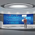 Person Standing In Tech Control Room With Large Blue Data Screen Icons And Circular Lights 3d model