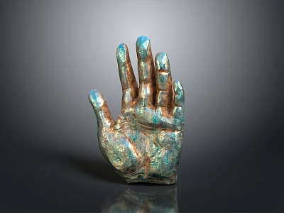 Shiny Metallic Hand Shaped Medical Device with Turquoise Copper Color and Dark Background Reflection 3d model