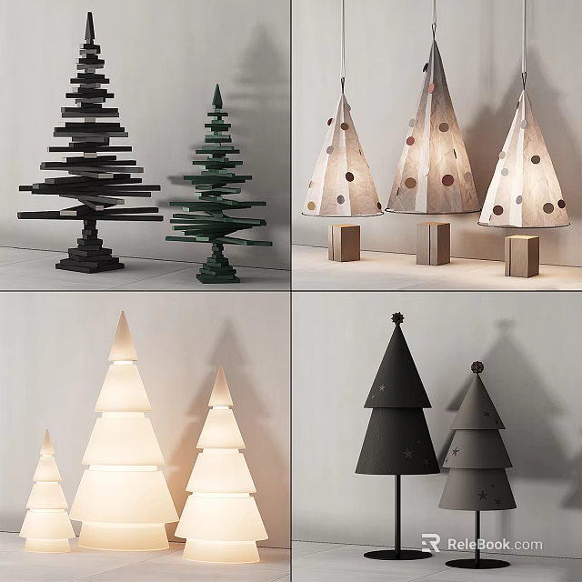 Christmas Tree Decorative Ornament Set With Black Green Beige White Wooden Polka Dot Minimalist Styles 3d model 