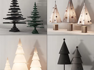 Christmas Tree Decorative Ornament Set With Black Green Beige White Wooden Polka Dot Minimalist Styles 3d model