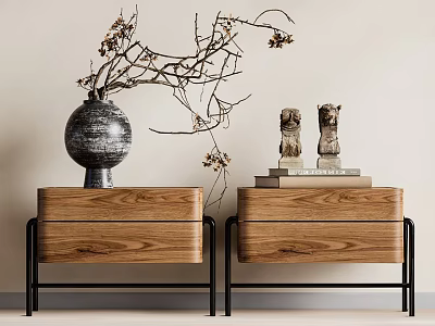 Modern Wooden Nightstands with Black Metal Legs Vase Dried Branches and Sculptures 3d model