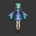 Anime Style Game Movie Character With Green Twin Buns Red Eyes And Blue Butterfly Dress
