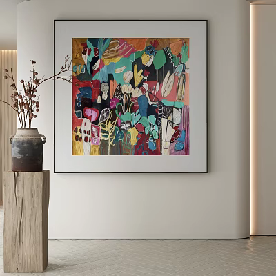 Vibrant Abstract Painting on Wall with Wooden Stand and Dried Flowers in Vase 3d model